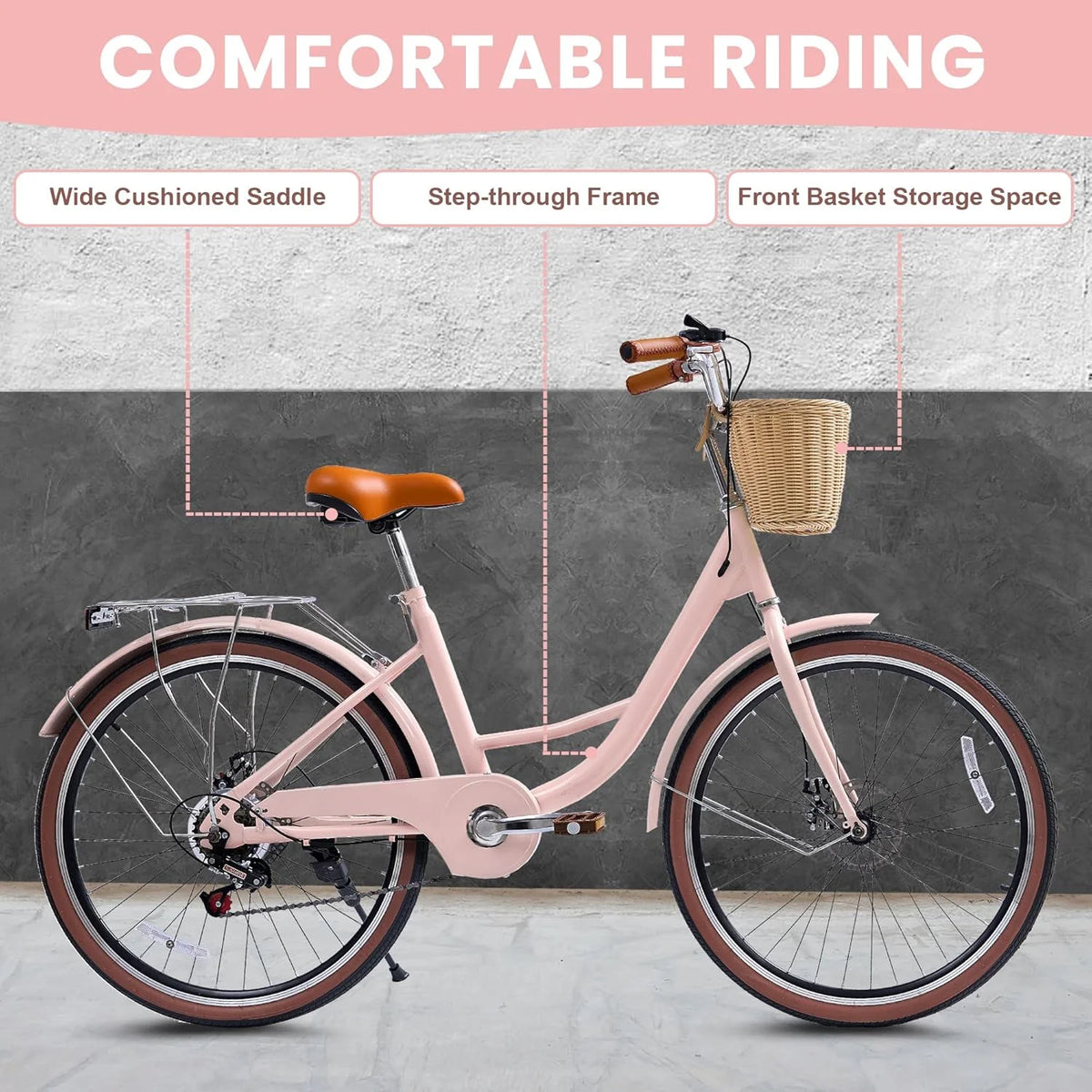 26 Vélos de Plage pour Femme, Vélos Pipleo pour Femme avec Panier en Rotin, 7 Vitesses & Cadre Ouvert