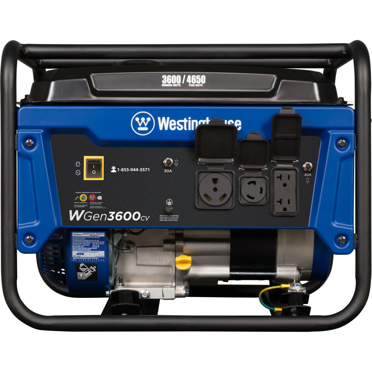 Groupe électrogène à essence portable Westinghouse 4650 de 4650 W, démarrage manuel, prise compatible camping-car, détecteur de CO