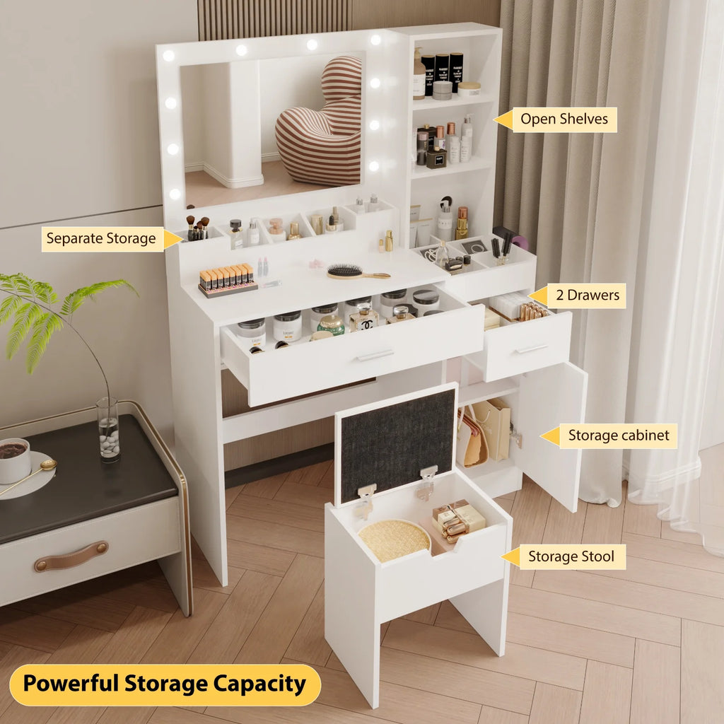 Ensemble coiffeuse avec miroirs et éclairage réglable, coiffeuse avec prise électrique pour chambre ou dressing, blanc