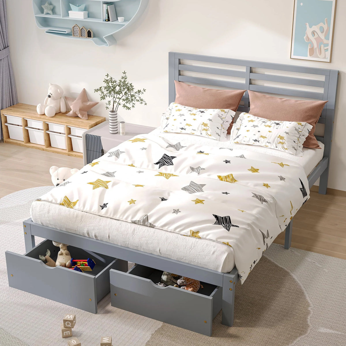 Cadre de lit plateforme avec rangement et tête de lit, cadre de lit double en bois de pin pour chambre, style moderne, avec tiroirs, lattes en bois, support jusqu’à 181 kg, sans sommier requis, gris