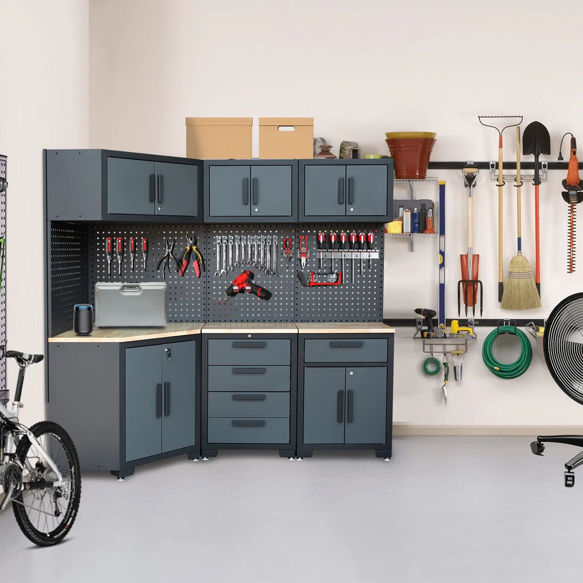Système d'armoires de rangement de garage HPDMC, ensemble d'atelier de 7 pièces, système d'armoires de garage en métal avec tiroirs en acier, établi et panneau perforé pour l'organisation des outils de garage