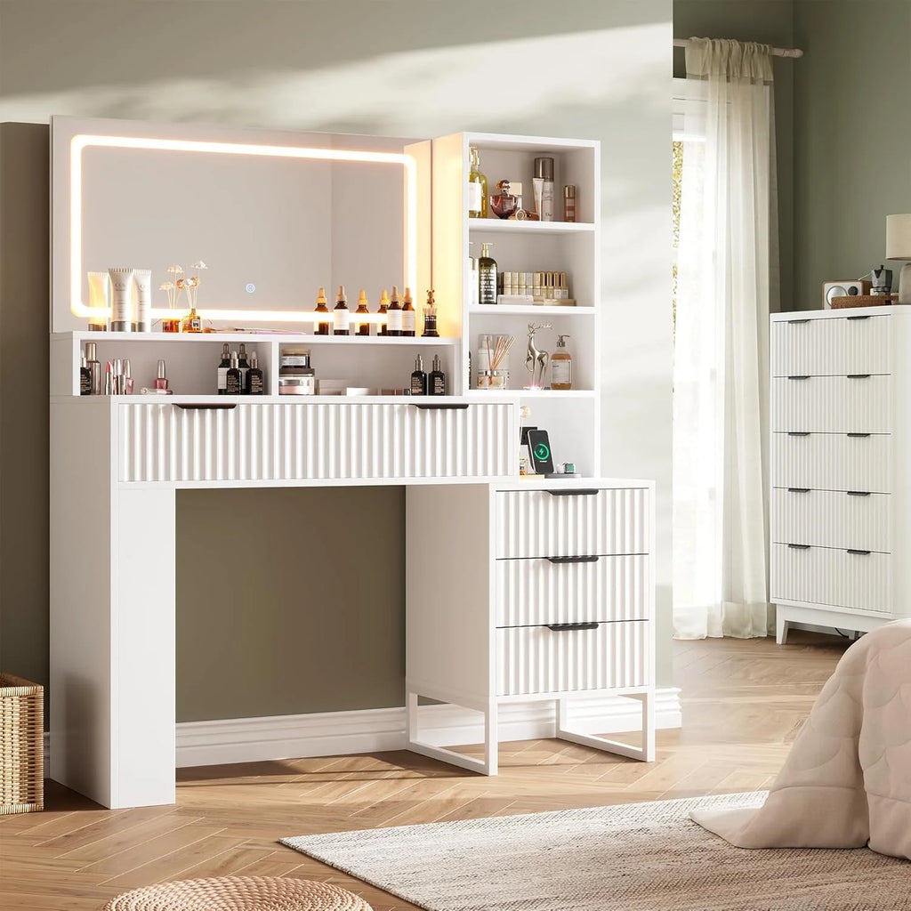 Ensemble coiffeuse avec miroirs et éclairage réglable, coiffeuse avec prise électrique pour chambre ou dressing, blanc