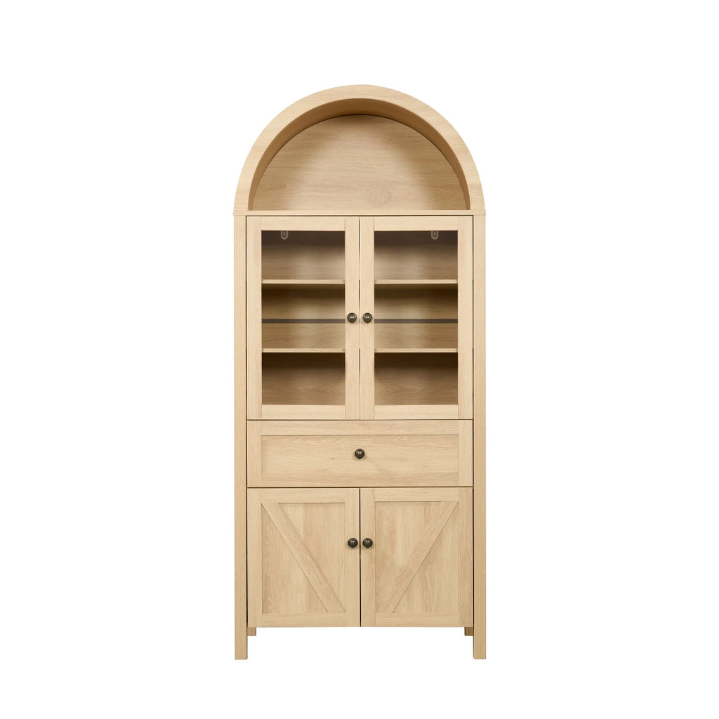 Bibliothèque arquée Lisonu 72 avec portes, vitrine haute en dôme avec rangement pour salon ou bureau à domicile, naturel