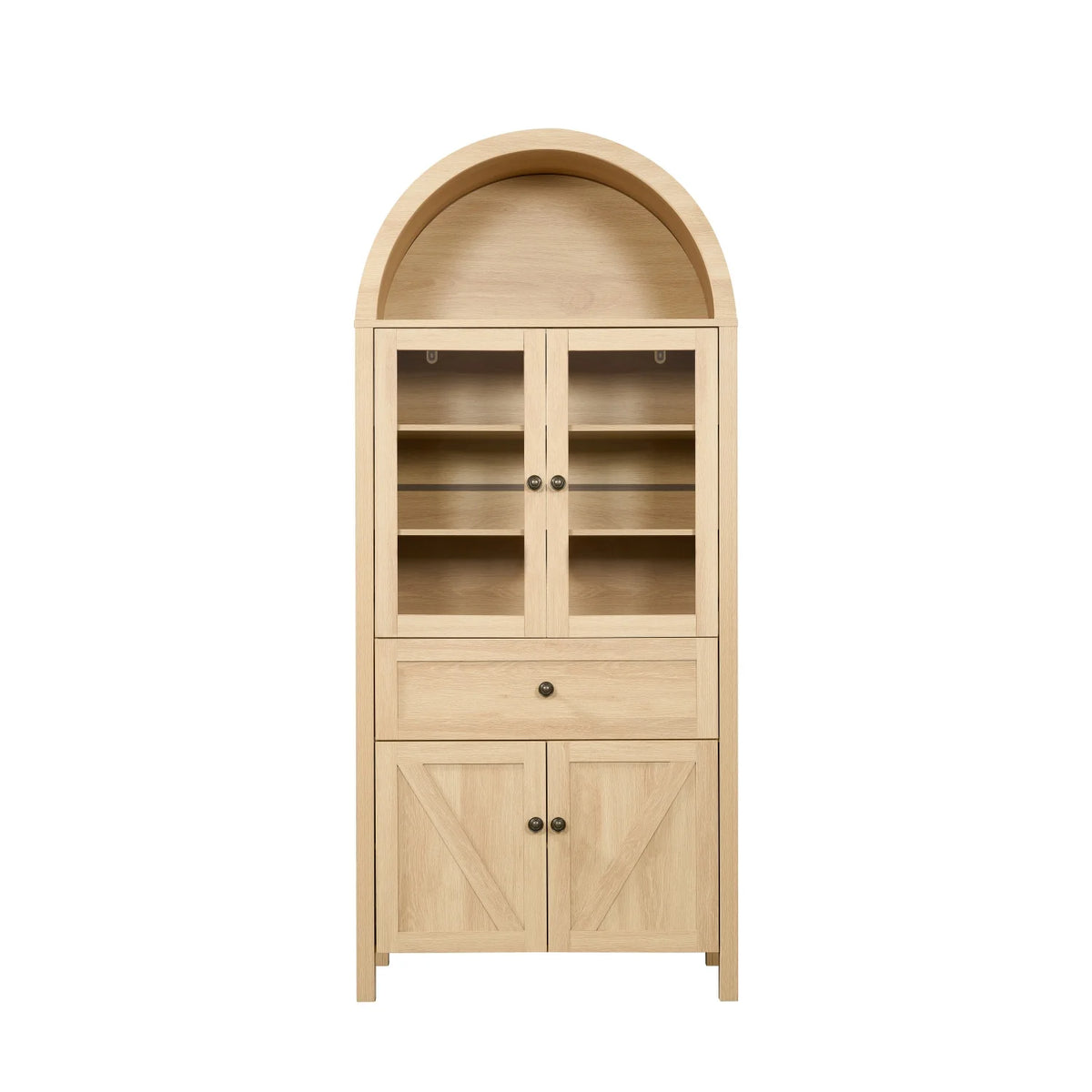 Bibliothèque arquée Lisonu 72 avec portes, vitrine haute en dôme avec rangement pour salon ou bureau à domicile, naturel