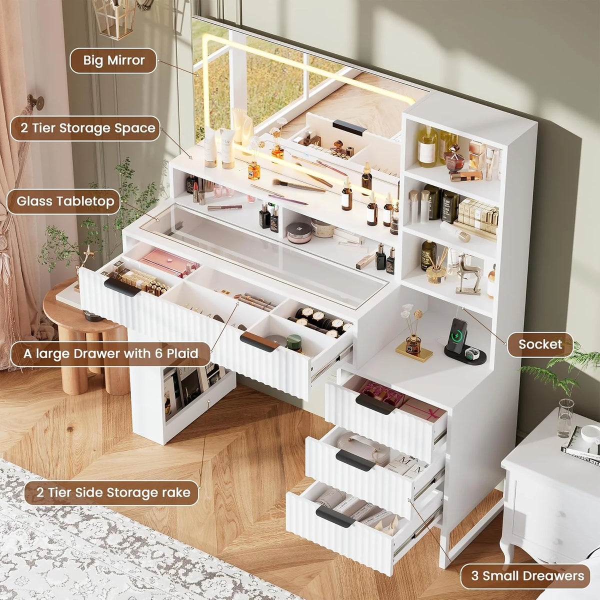 Ensemble coiffeuse avec miroirs et éclairage réglable, coiffeuse avec prise électrique pour chambre ou dressing, blanc
