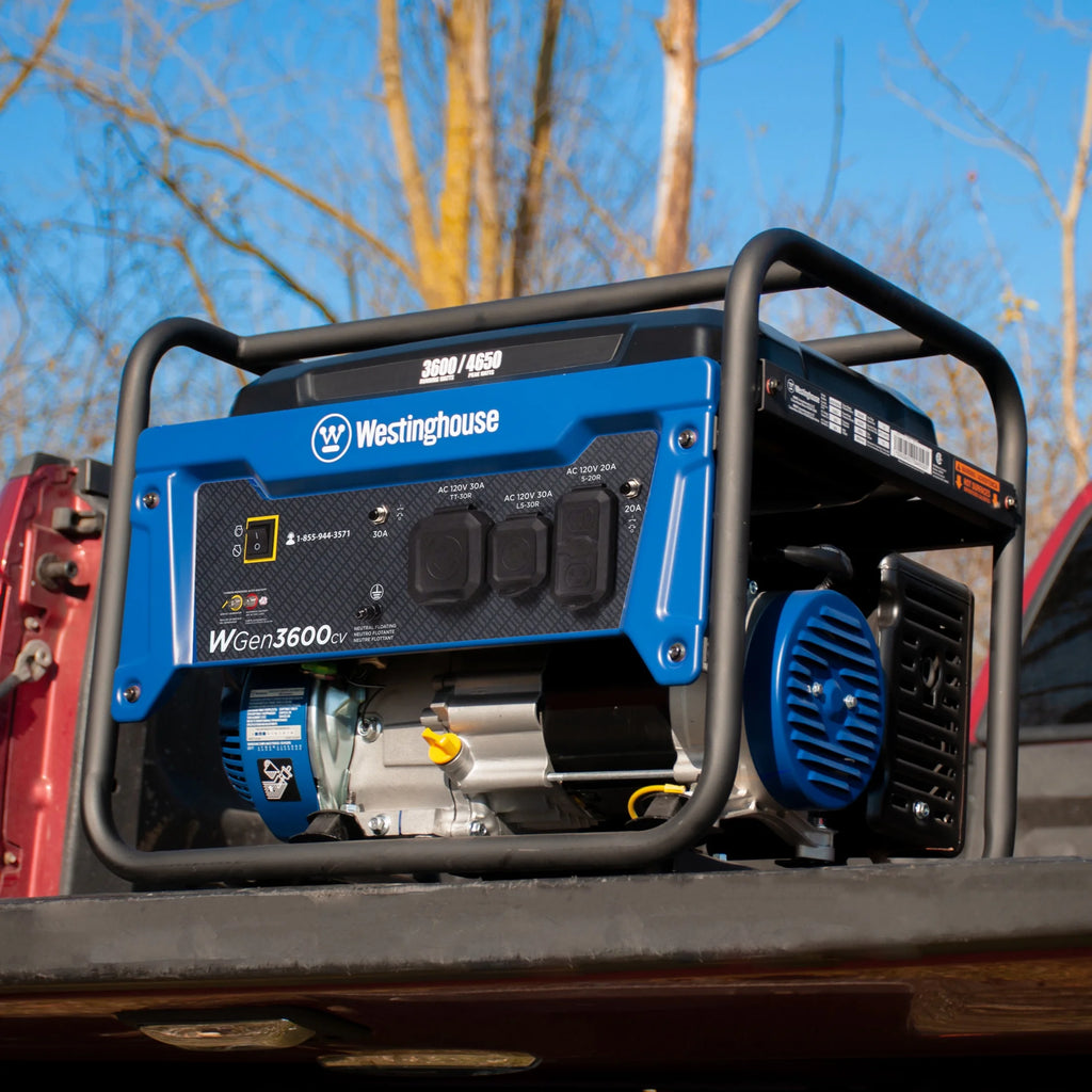 Groupe électrogène à essence portable Westinghouse 4650 de 4650 W, démarrage manuel, prise compatible camping-car, détecteur de CO