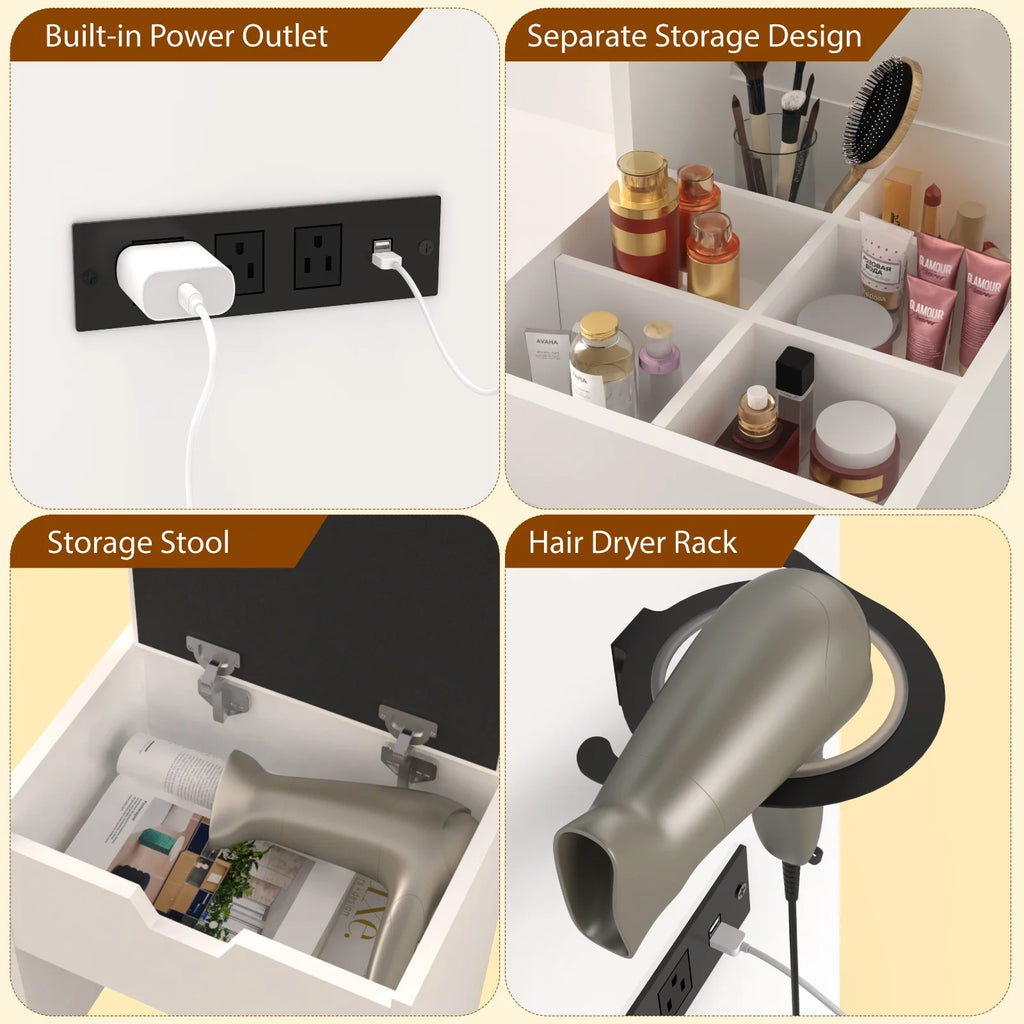 Ensemble coiffeuse avec miroirs et éclairage réglable, coiffeuse avec prise électrique pour chambre ou dressing, blanc