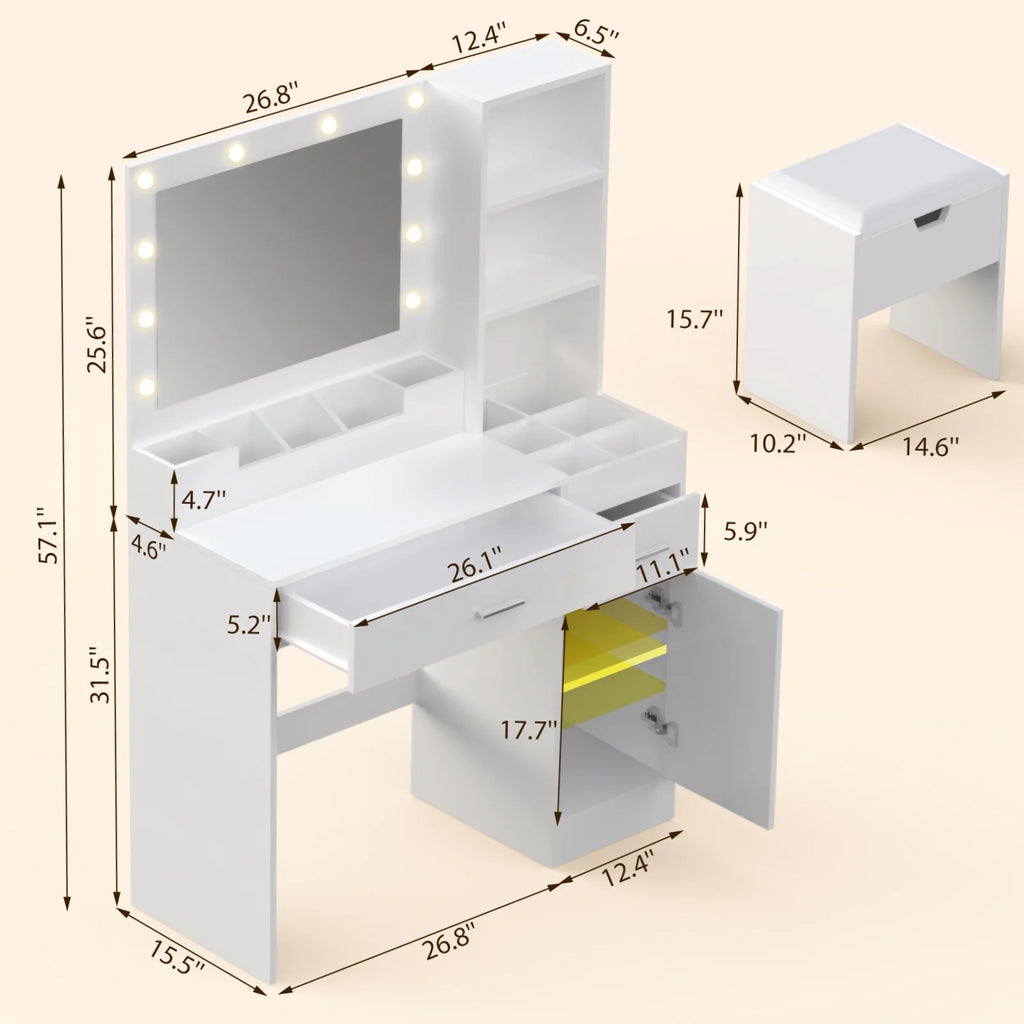 Ensemble coiffeuse avec miroirs et éclairage réglable, coiffeuse avec prise électrique pour chambre ou dressing, blanc