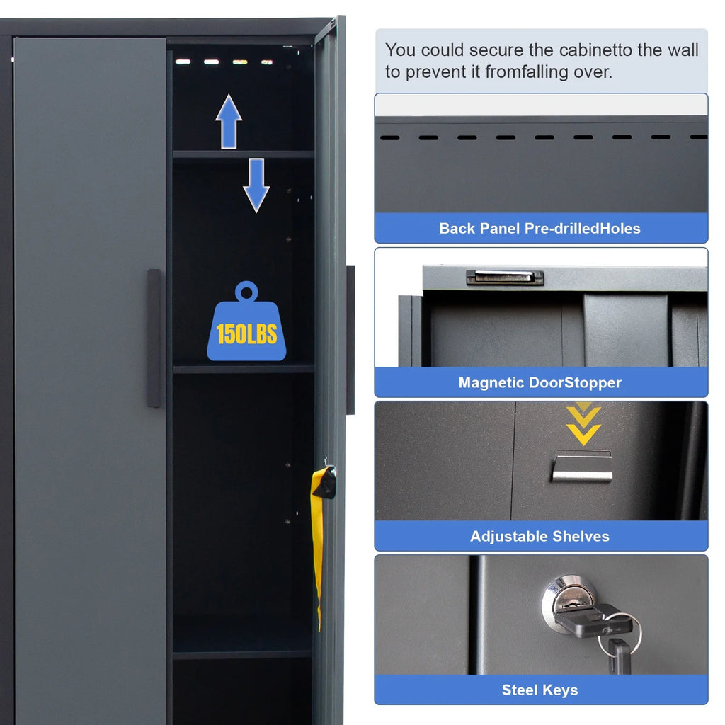 Système d'armoires de rangement de garage HPDMC, ensemble d'atelier de 7 pièces, système d'armoires de garage en métal avec tiroirs en acier, établi et panneau perforé pour l'organisation des outils de garage
