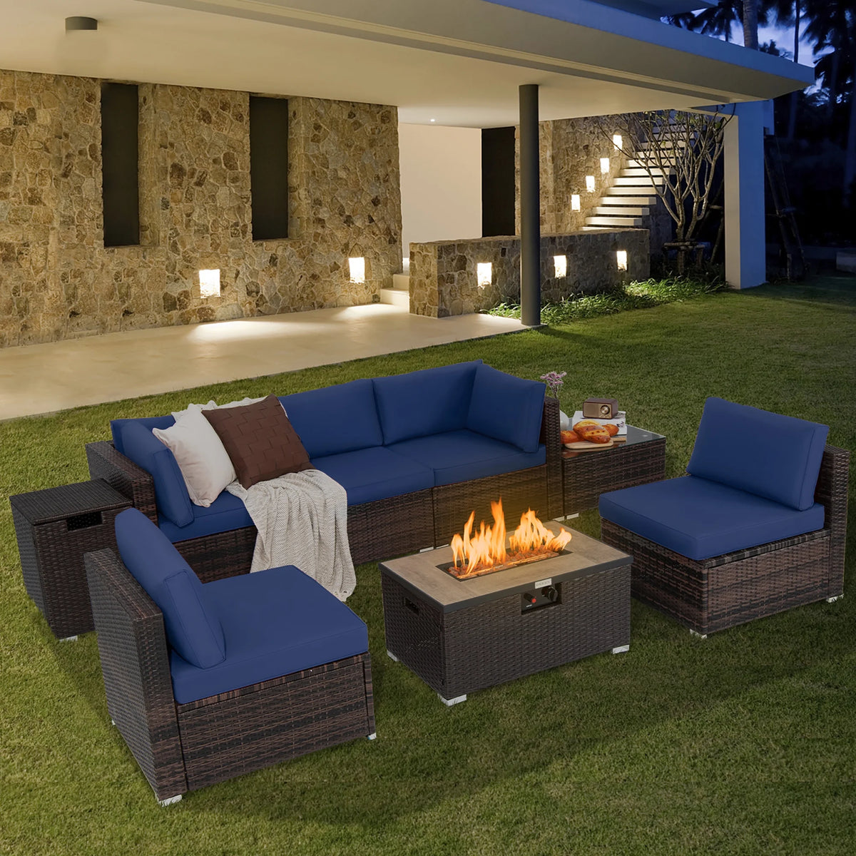 Costway Salon de Jardin en Rotin 8 Pièces avec Table Brasero et Couvercle Noir pour Terrasse