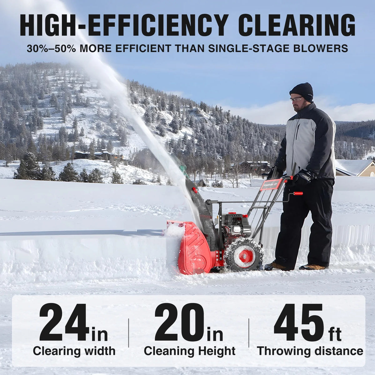 Souffleuse à neige à essence autotractée neuve de marque PowerSmart, 212 cc, 24 po, à deux étages, avec démarrage électrique 120 V et phare à DEL