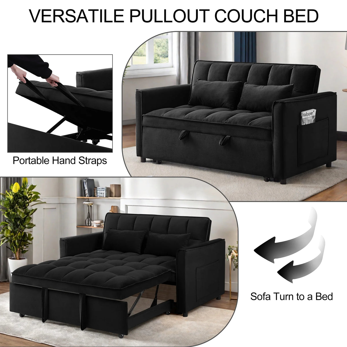 Canapé convertible, canapé-lit 3-en-1 avec lit gigogne, canapé 2 places futon avec dossier réglable et coussins pour salon, noir