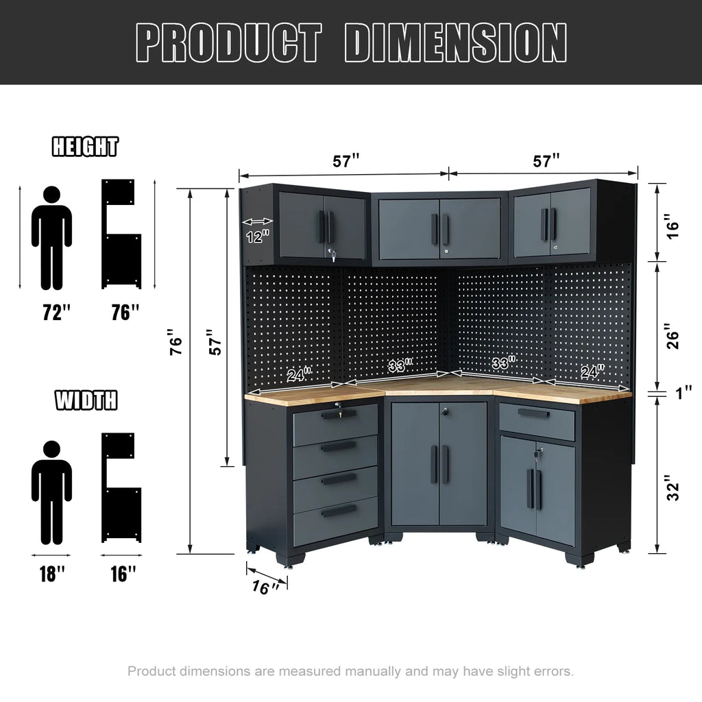 Système d'armoires de rangement de garage HPDMC, ensemble d'atelier de 7 pièces, système d'armoires de garage en métal avec tiroirs en acier, établi et panneau perforé pour l'organisation des outils de garage