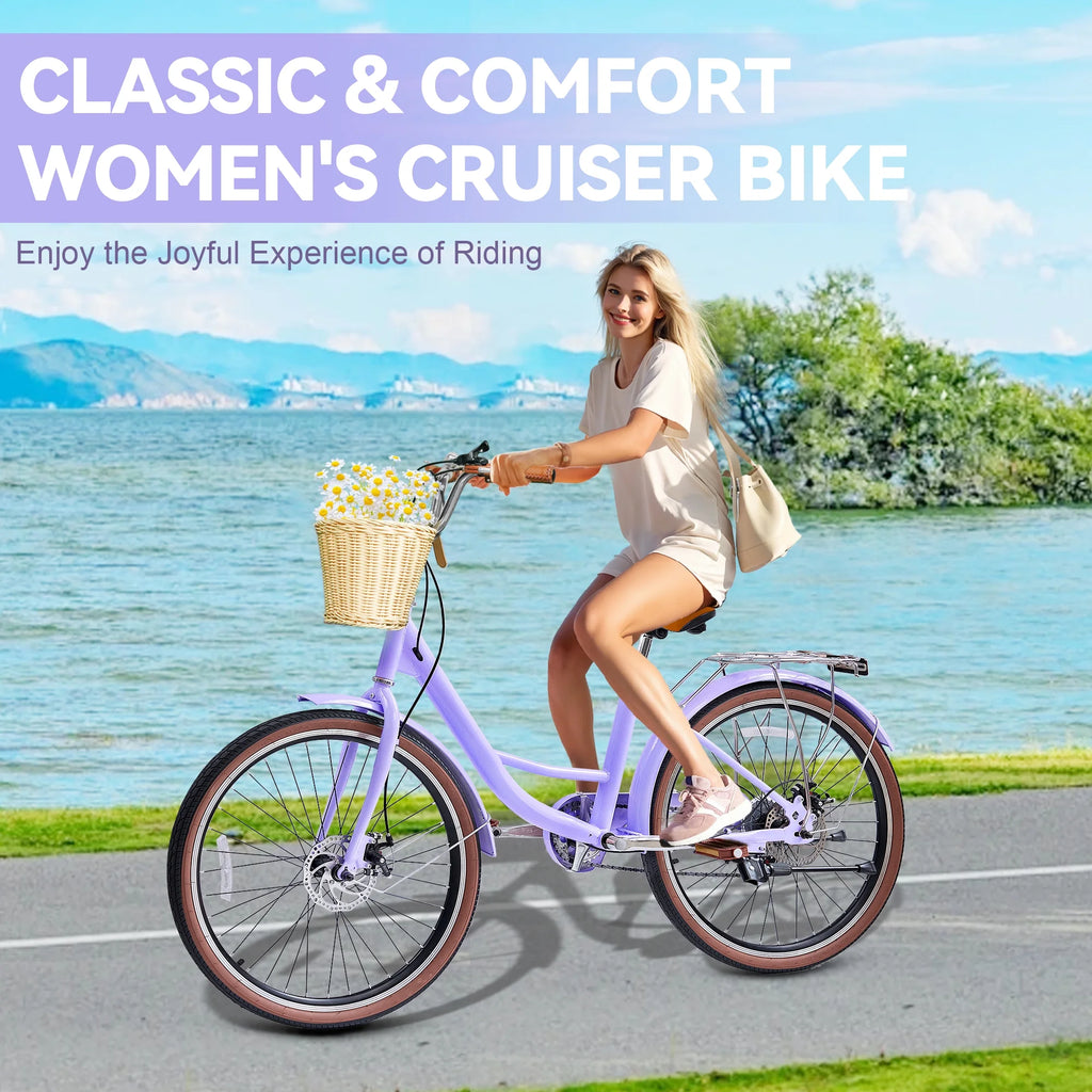 26 Vélos de Plage pour Femme, Vélos Pipleo pour Femme avec Panier en Rotin, 7 Vitesses & Cadre Ouvert