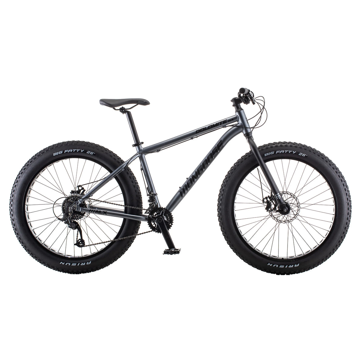 26 Mongoose Dolomite ALX Vélo tout-terrain unisexe à pneus larges, Gris, 12 ans et +
