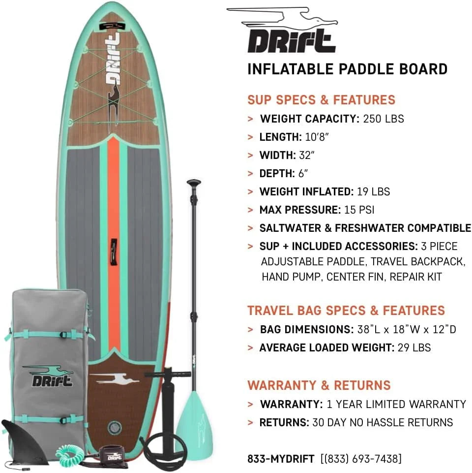 Planche de stand-up paddle gonflable Drift Aero - Planche de SUP et accessoires, y compris pompe, pagaie et plus encore - Motif bois classique, pour adulte, 10'8