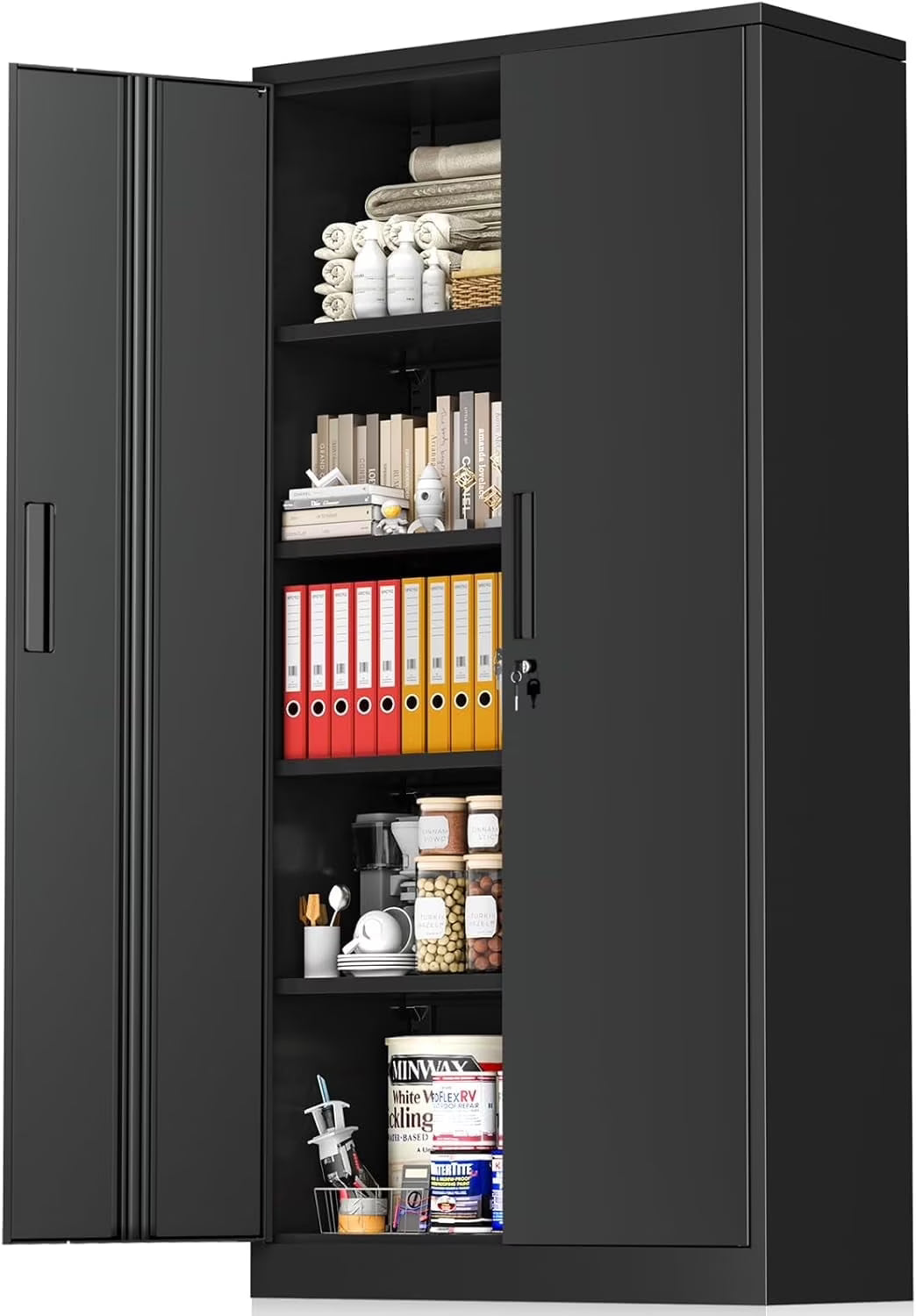 SOLAURA 71 Armoire de rangement métallique pour garage avec portes verrouillables et étagères réglables pour maison, bureau (Noir)