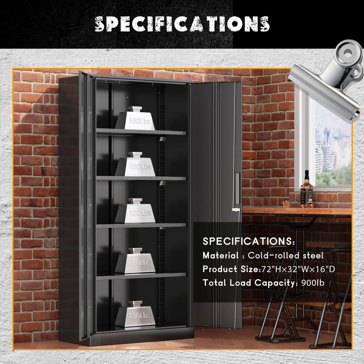 SOLAURA 71 Armoire de rangement métallique pour garage avec portes verrouillables et étagères réglables pour maison, bureau (Noir)