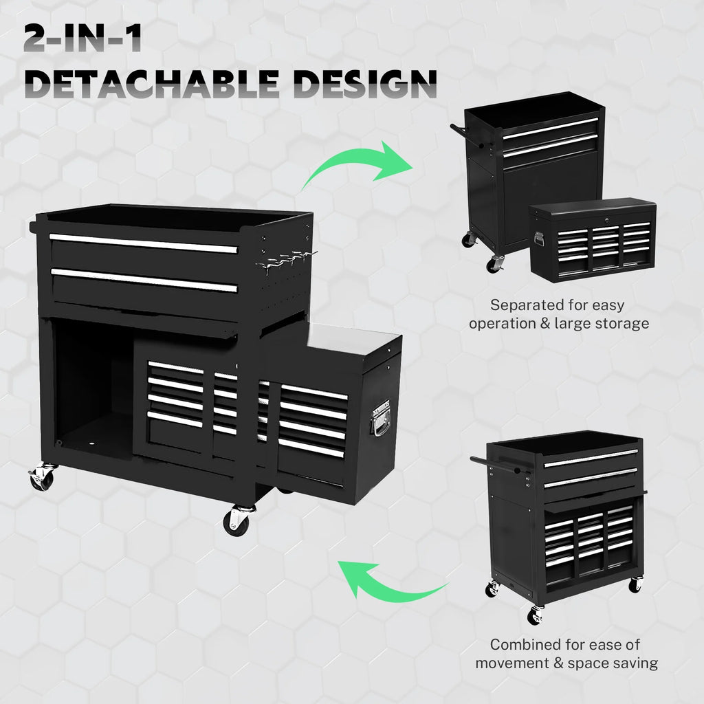 Seizeen 2-EN-1 Coffre et armoire à outils, grand organisateur de boîte à outils sur roulettes à 8 tiroirs de grande capacité, verrouillable, noir