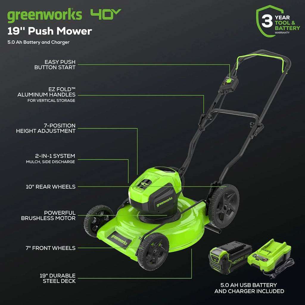 Tondeuse à gazon Greenworks 40V 19 BL, Batterie USB 5.0Ah et Chargeur Inclus