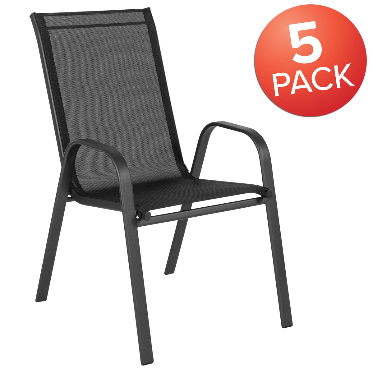 Lot de 5 chaises d’extérieur empilables BizChair noires avec matériau Flex Comfort et structure en métal