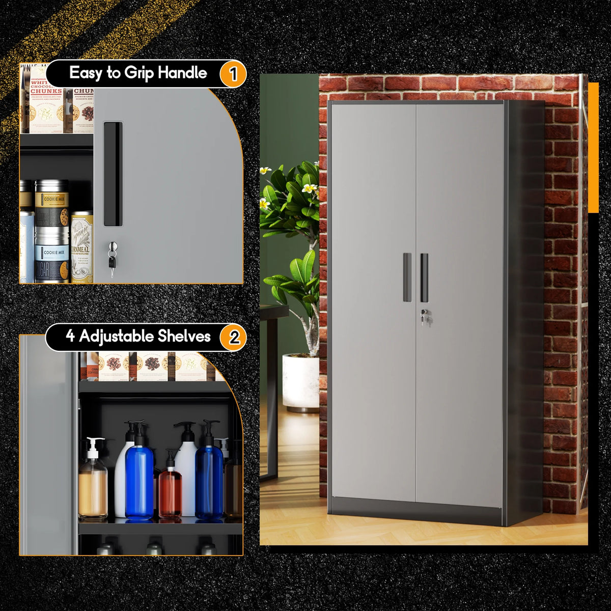 SOLAURA 71 Armoire de rangement métallique pour garage avec portes verrouillables et étagères réglables pour maison, bureau (Noir)
