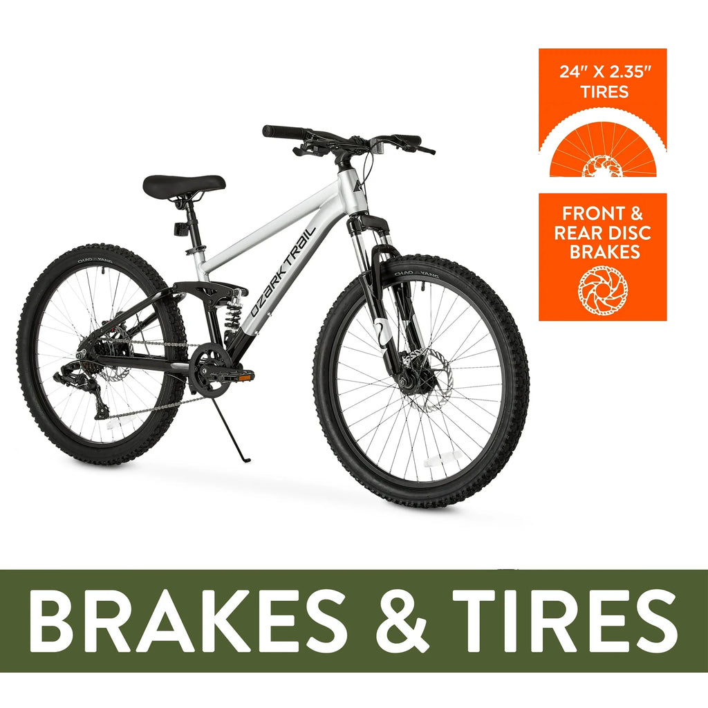 24 Ozark Trail FS.1 Epictrail Vélo tout-terrain à suspension intégrale, Pour adolescents et adultes, Tailles entre 4'6-5'6, Argent