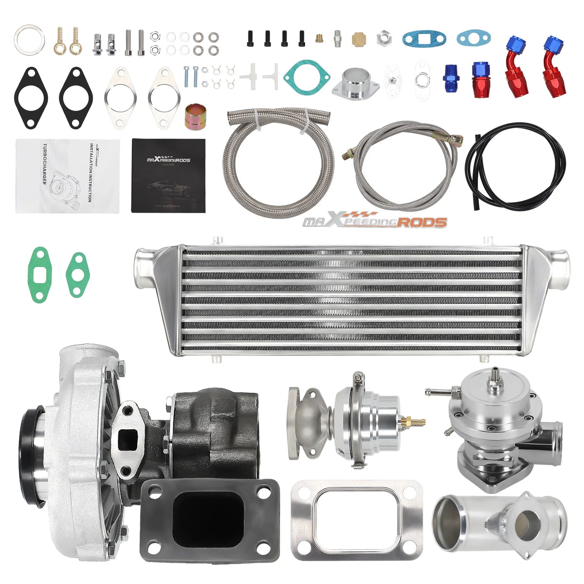 Maxpeedingrods T3 T4 T04E Kit universel turbo + vanne de décompression + intercooler + soupape de décompression + durites d'huile