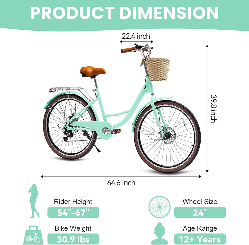 26 Vélos de Plage pour Femme, Vélos Pipleo pour Femme avec Panier en Rotin, 7 Vitesses & Cadre Ouvert