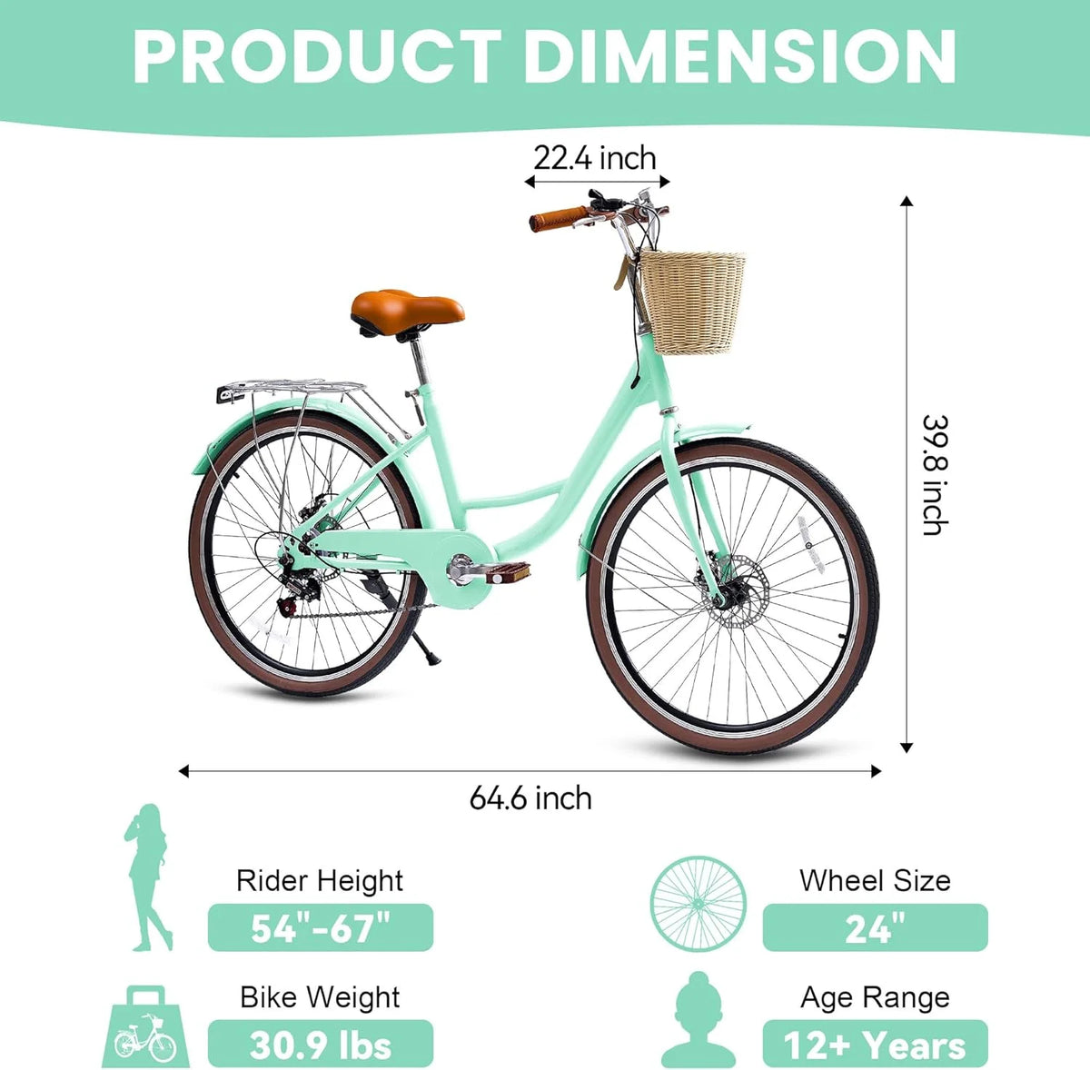 26 Vélos de Plage pour Femme, Vélos Pipleo pour Femme avec Panier en Rotin, 7 Vitesses & Cadre Ouvert