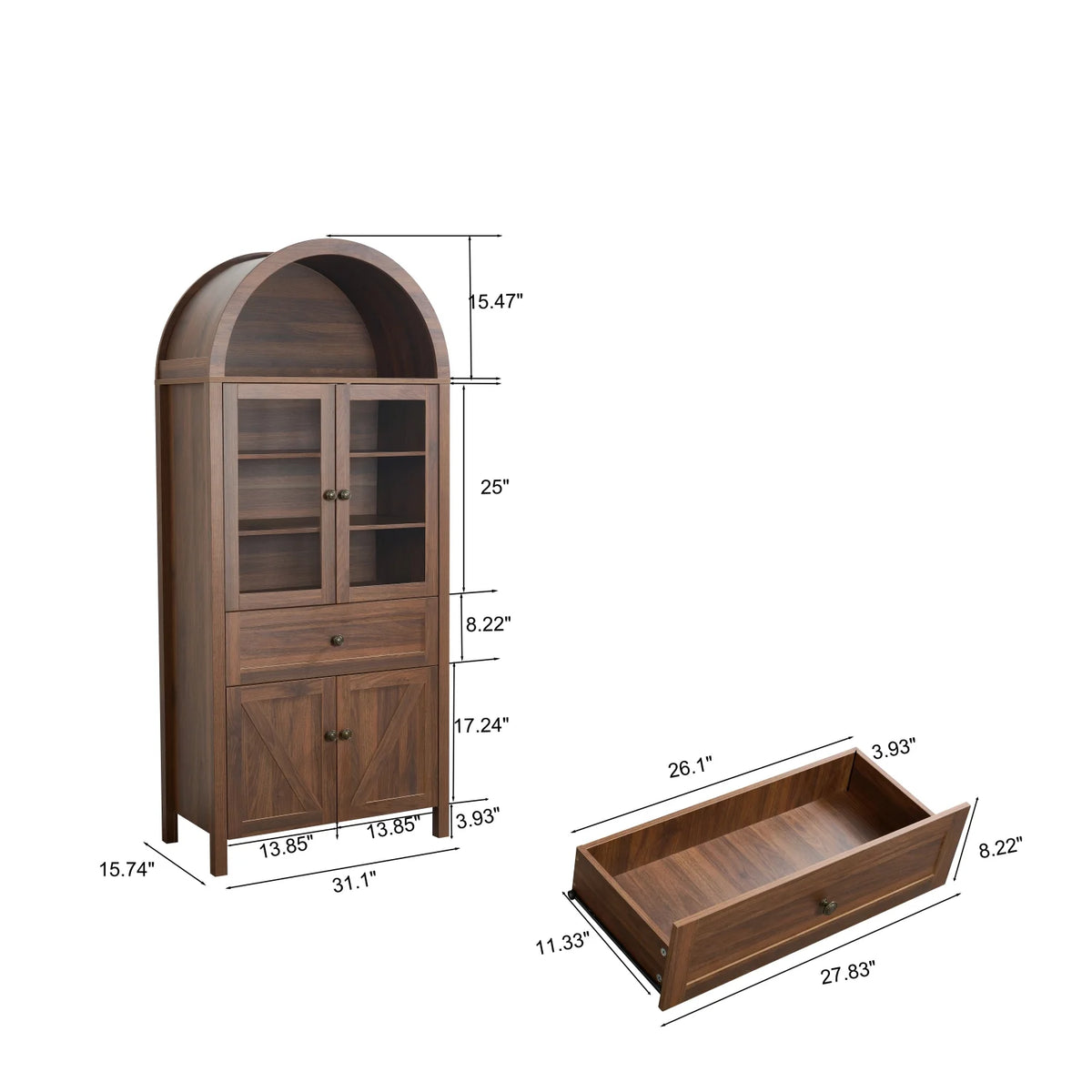 Bibliothèque arquée Lisonu 72 avec portes, vitrine haute en dôme avec rangement pour salon ou bureau à domicile, naturel