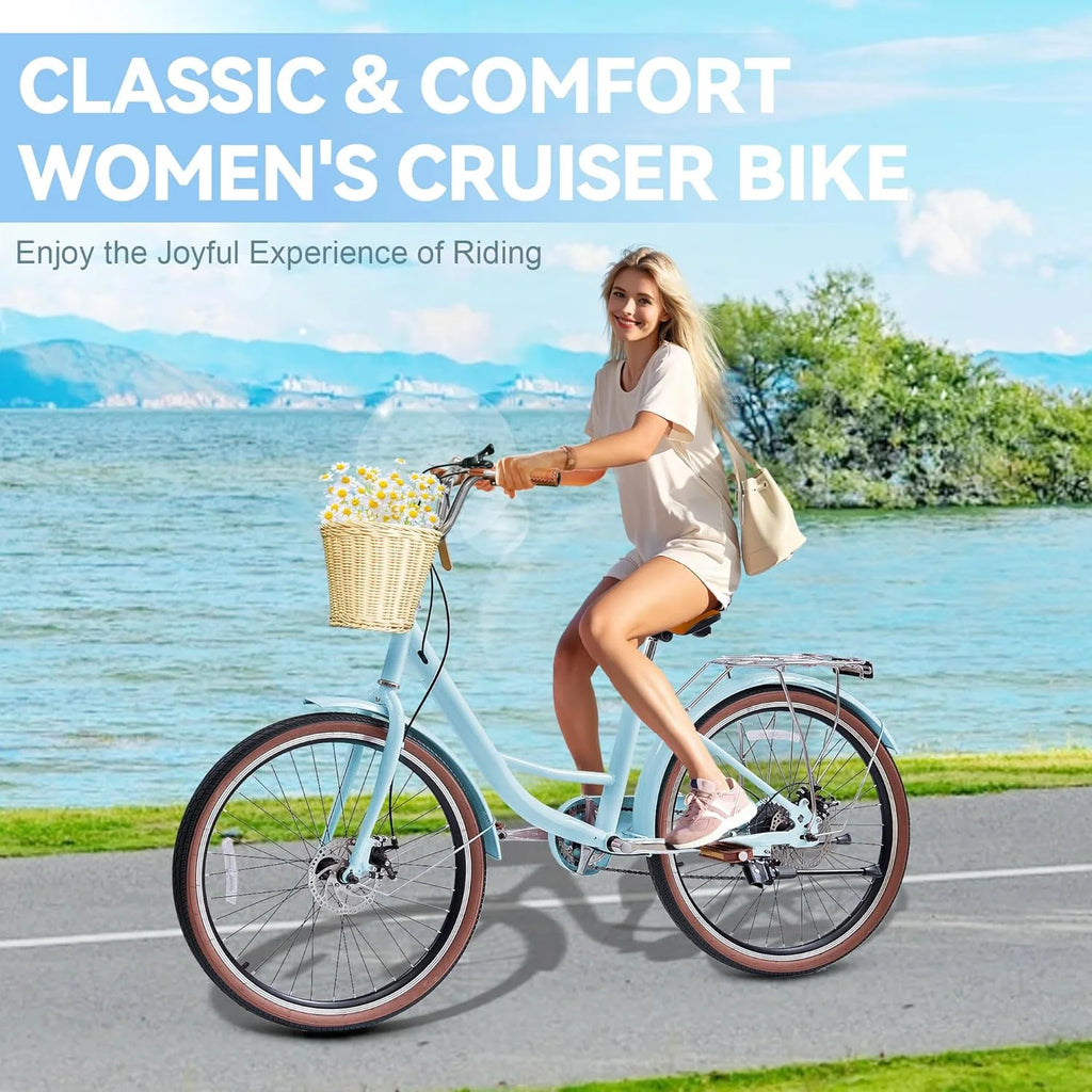 26 Vélos de Plage pour Femme, Vélos Pipleo pour Femme avec Panier en Rotin, 7 Vitesses & Cadre Ouvert