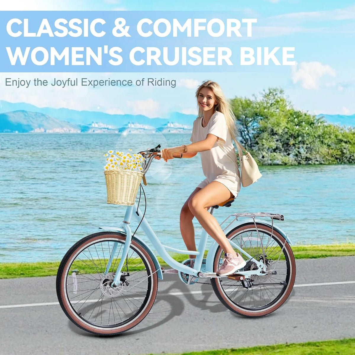 26 Vélos de Plage pour Femme, Vélos Pipleo pour Femme avec Panier en Rotin, 7 Vitesses & Cadre Ouvert