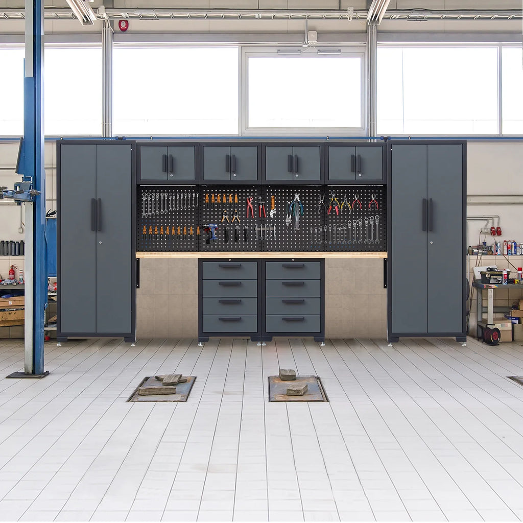 Système d'armoires de rangement de garage HPDMC, ensemble d'atelier de 7 pièces, système d'armoires de garage en métal avec tiroirs en acier, établi et panneau perforé pour l'organisation des outils de garage
