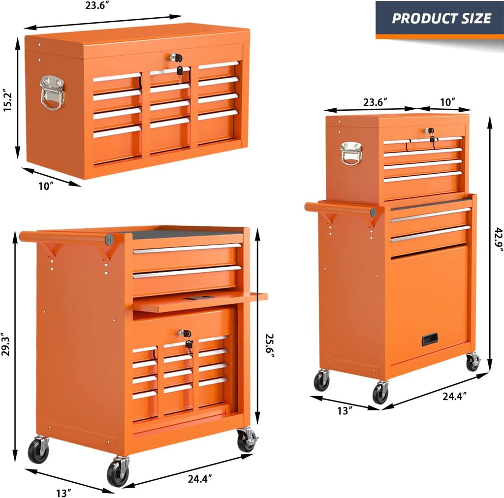 Seizeen 2-EN-1 Coffre et armoire à outils, grand organisateur de boîte à outils sur roulettes à 8 tiroirs de grande capacité, verrouillable, noir
