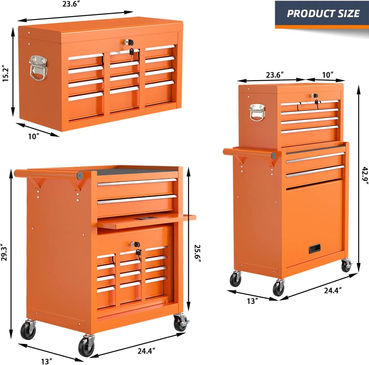Seizeen 2-EN-1 Coffre et armoire à outils, grand organisateur de boîte à outils sur roulettes à 8 tiroirs de grande capacité, verrouillable, noir