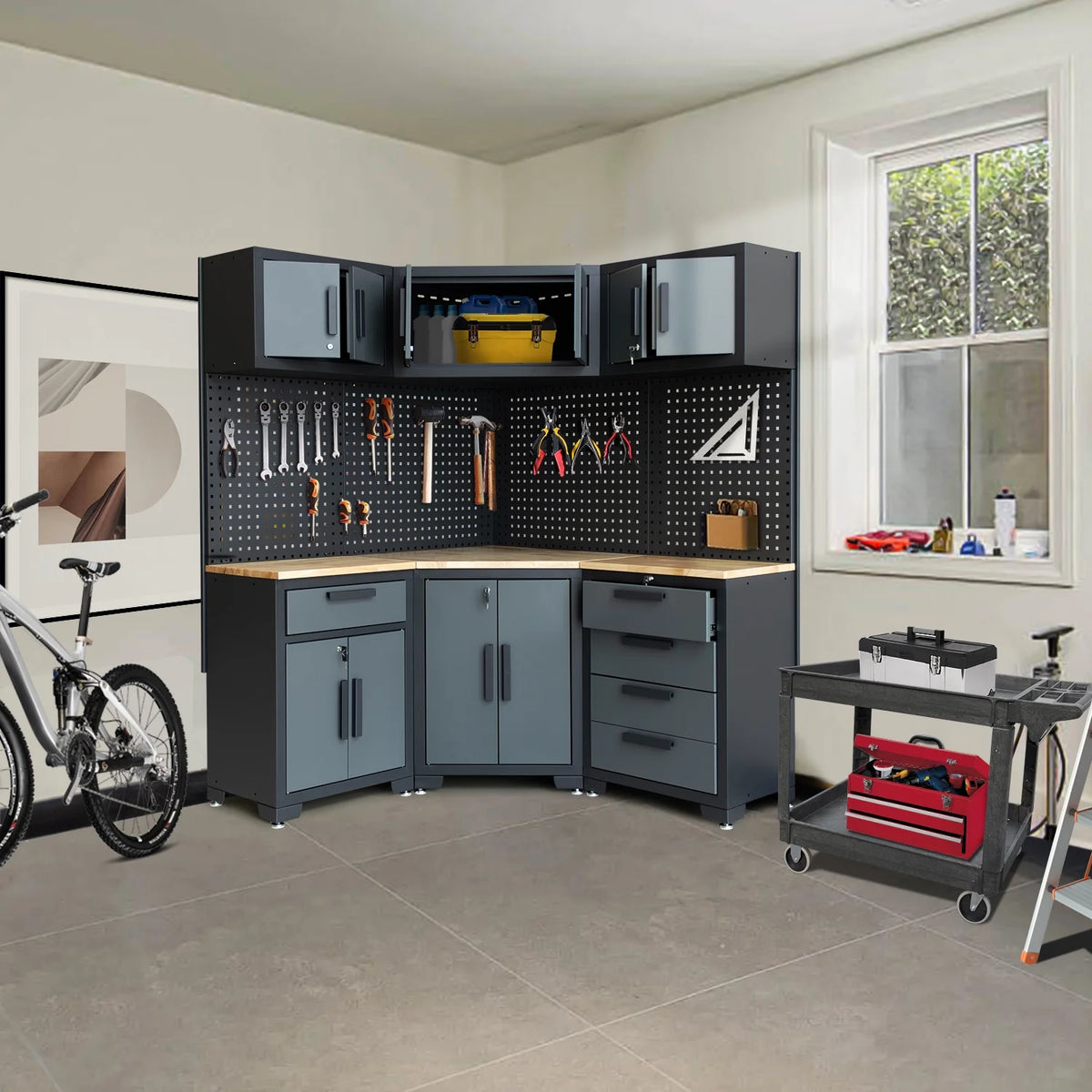 Système d'armoires de rangement de garage HPDMC, ensemble d'atelier de 7 pièces, système d'armoires de garage en métal avec tiroirs en acier, établi et panneau perforé pour l'organisation des outils de garage