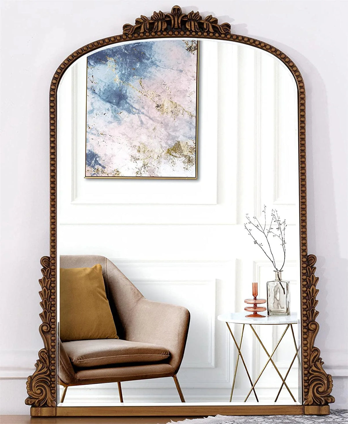 Miroir mural arqué baroque traditionnel, finition or antique, décoration murale pour salon et maison, 31,5 x 23,6 po