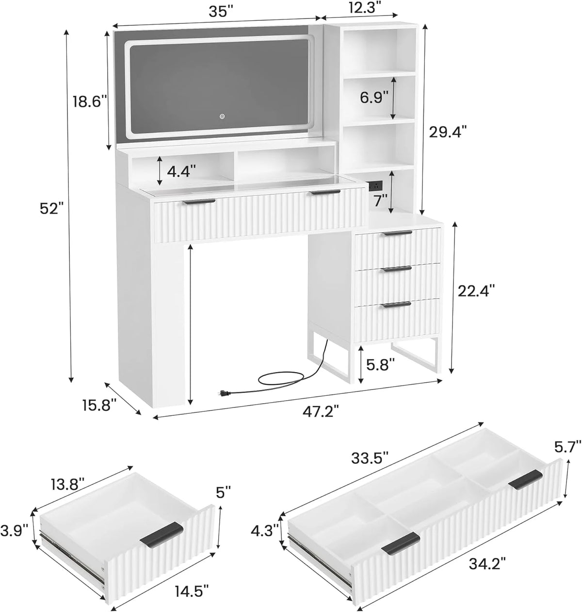 Ensemble coiffeuse avec miroirs et éclairage réglable, coiffeuse avec prise électrique pour chambre ou dressing, blanc