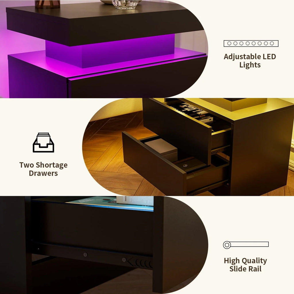 Lot de 2 tables de chevet LED, table de nuit moderne avec espace de rangement à 2 tiroirs, éclairage LED à couleurs réglables, noir