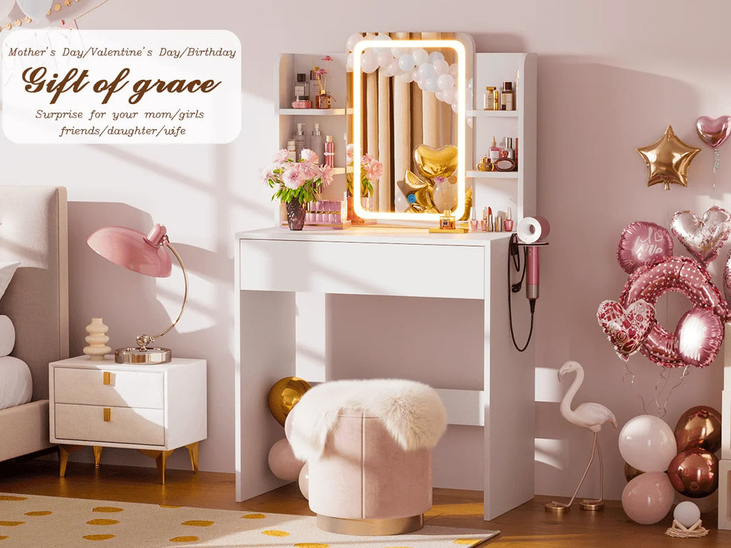 Ensemble coiffeuse avec miroirs et éclairage réglable, coiffeuse avec prise électrique pour chambre ou dressing, blanc