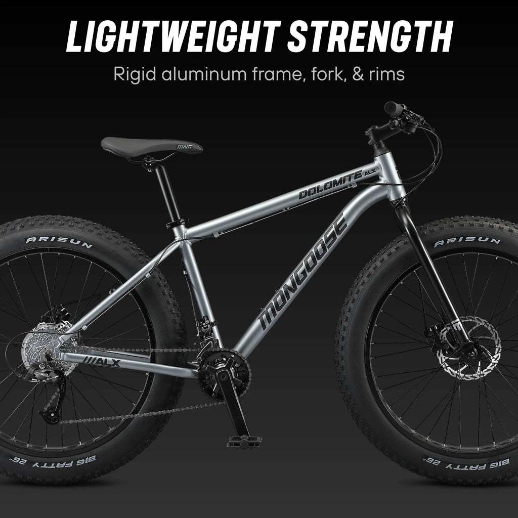 26 Mongoose Dolomite ALX Vélo tout-terrain unisexe à pneus larges, Gris, 12 ans et +