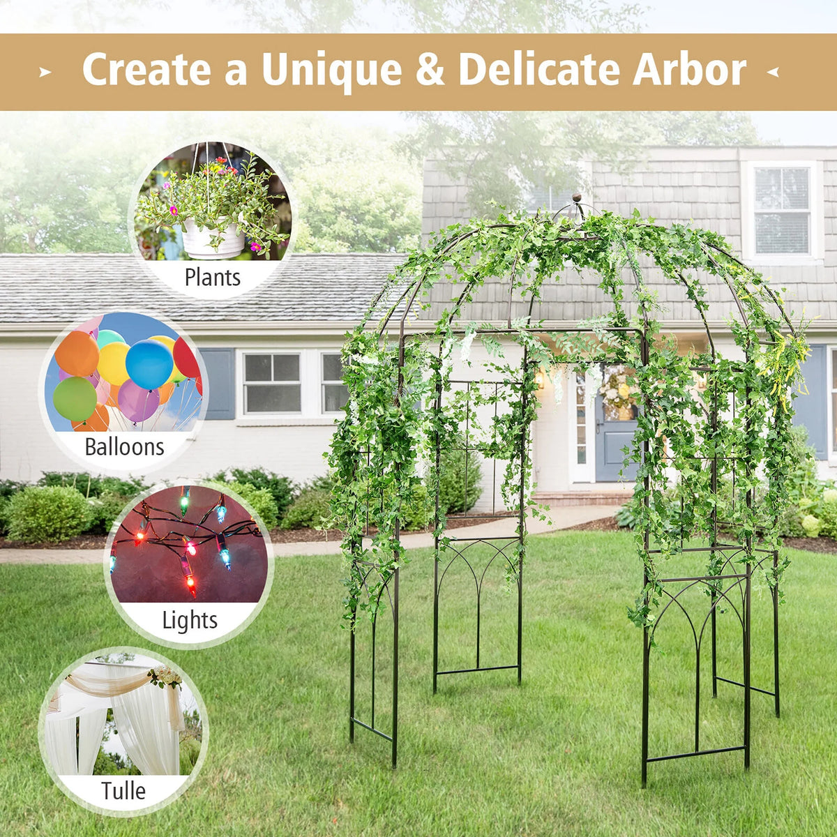Gymax Support pour plantes grimpantes en forme de cage à oiseaux, tonnelle de jardin, arche pour mariage et fête