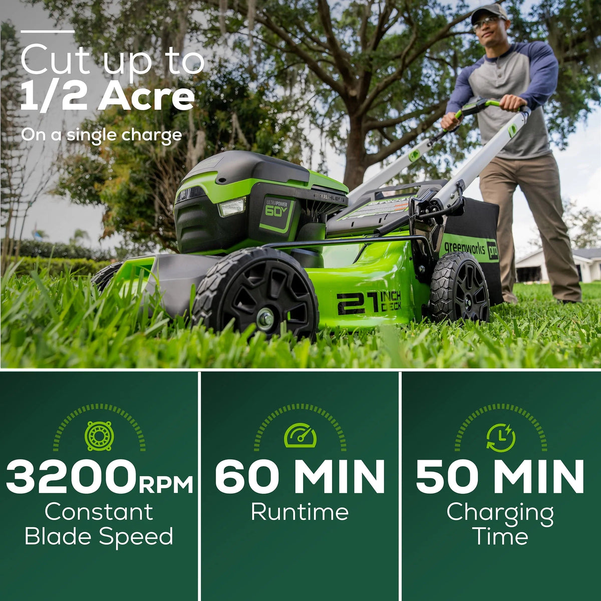 Tondeuse à gazon sans fil sans balais Greenworks 60V 21 avec batterie 5.0Ah & Chargeur