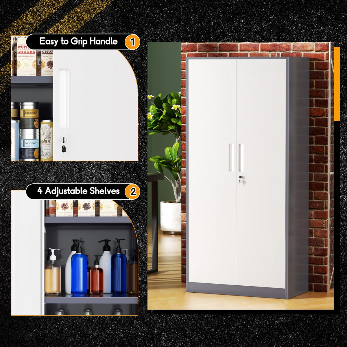 SOLAURA 71 Armoire de rangement métallique pour garage avec portes verrouillables et étagères réglables pour maison, bureau (Noir)