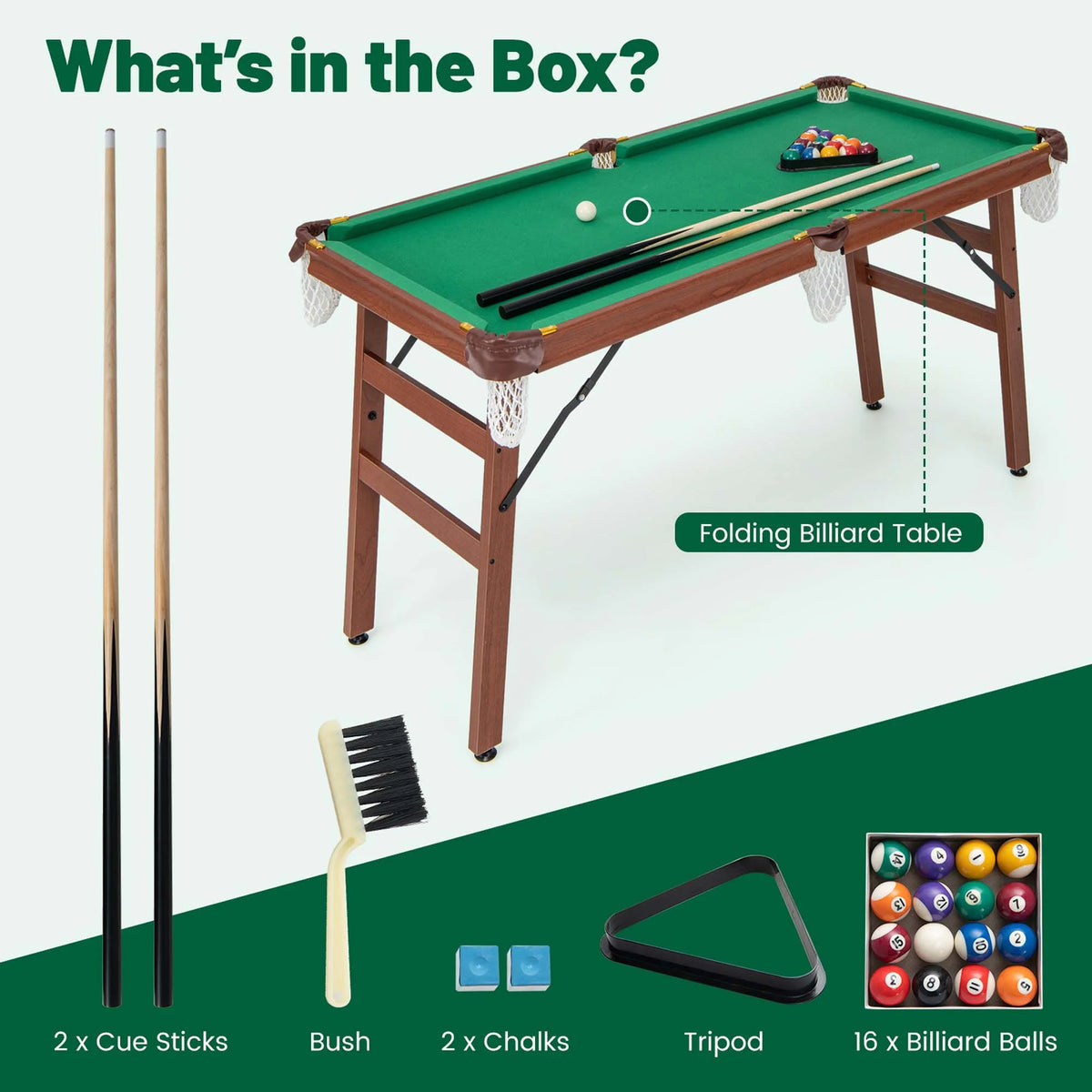 Ensemble de table de billard pliable Costway avec pieds pliables, pieds réglables, 2 queues de billard et 2 craies