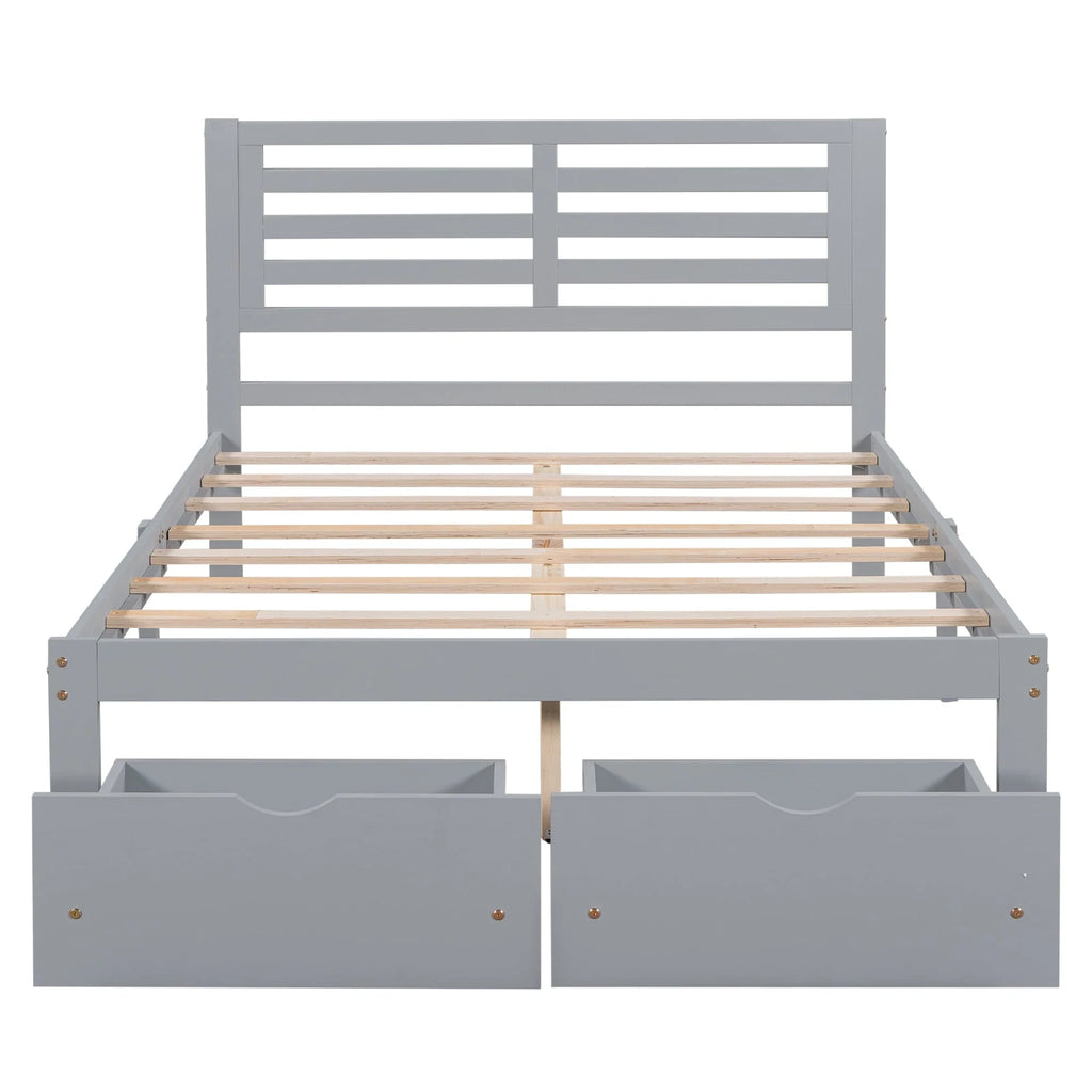 Cadre de lit plateforme avec rangement et tête de lit, cadre de lit double en bois de pin pour chambre, style moderne, avec tiroirs, lattes en bois, support jusqu’à 181 kg, sans sommier requis, gris