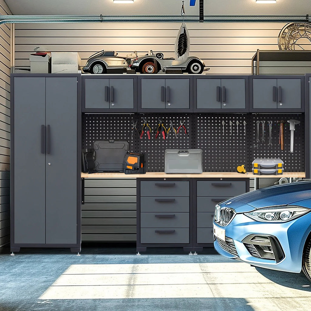 Système d'armoires de rangement de garage HPDMC, ensemble d'atelier de 7 pièces, système d'armoires de garage en métal avec tiroirs en acier, établi et panneau perforé pour l'organisation des outils de garage