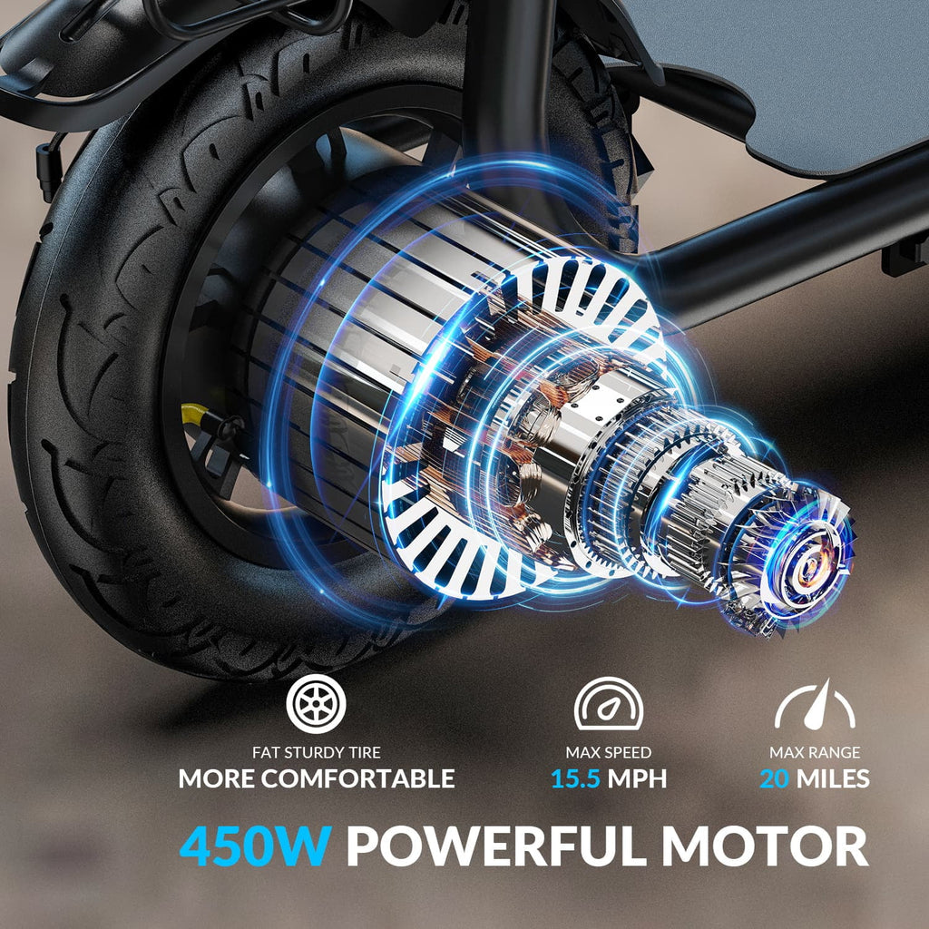 Trottinette électrique 5TH WHEEL W18S 450W pour adultes avec siège et panier de transport, 36V, 20 miles d'autonomie et 15,5 mi/h, trottinette pliable 12 pour les trajets quotidiens