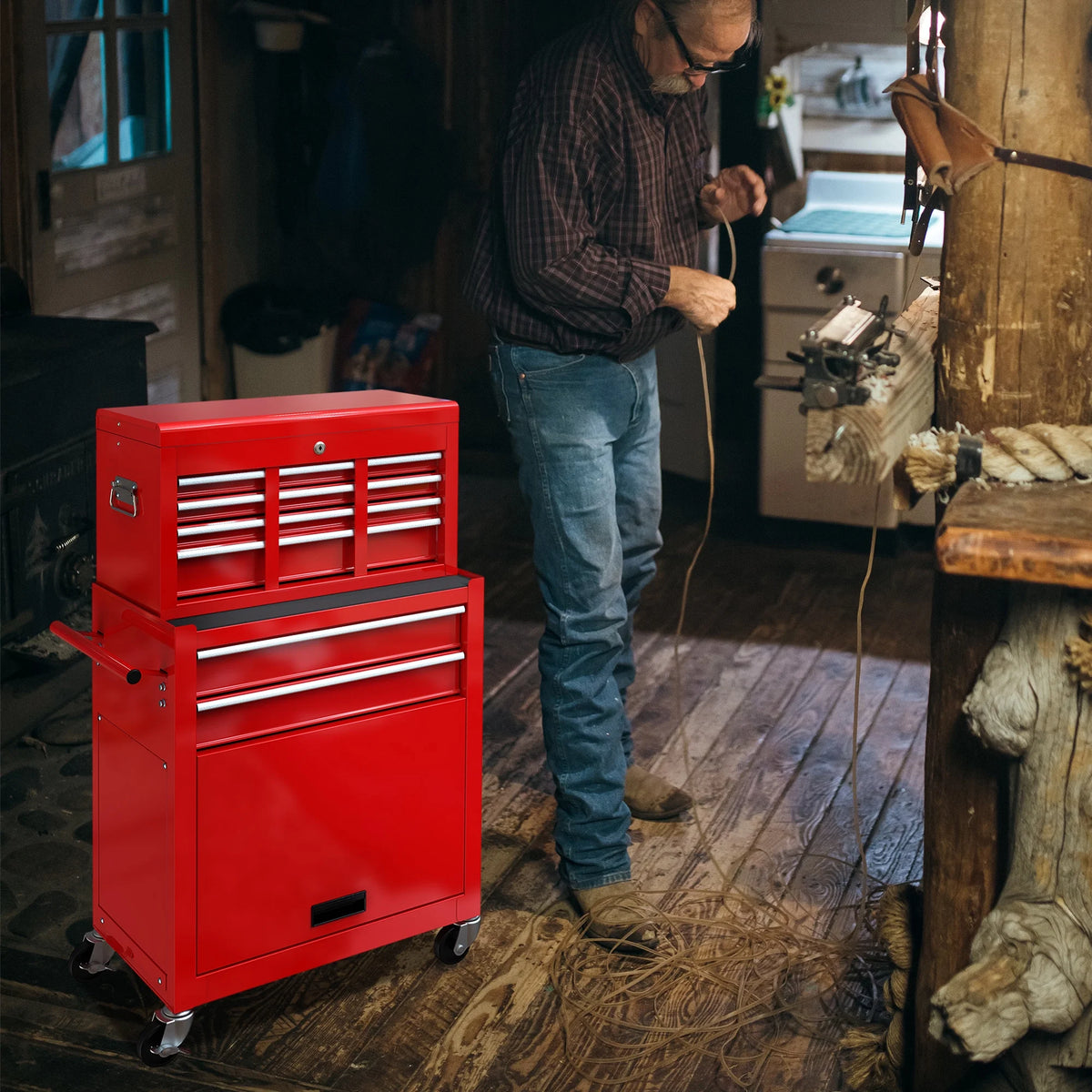 Seizeen 2-EN-1 Coffre et armoire à outils, grand organisateur de boîte à outils sur roulettes à 8 tiroirs de grande capacité, verrouillable, noir